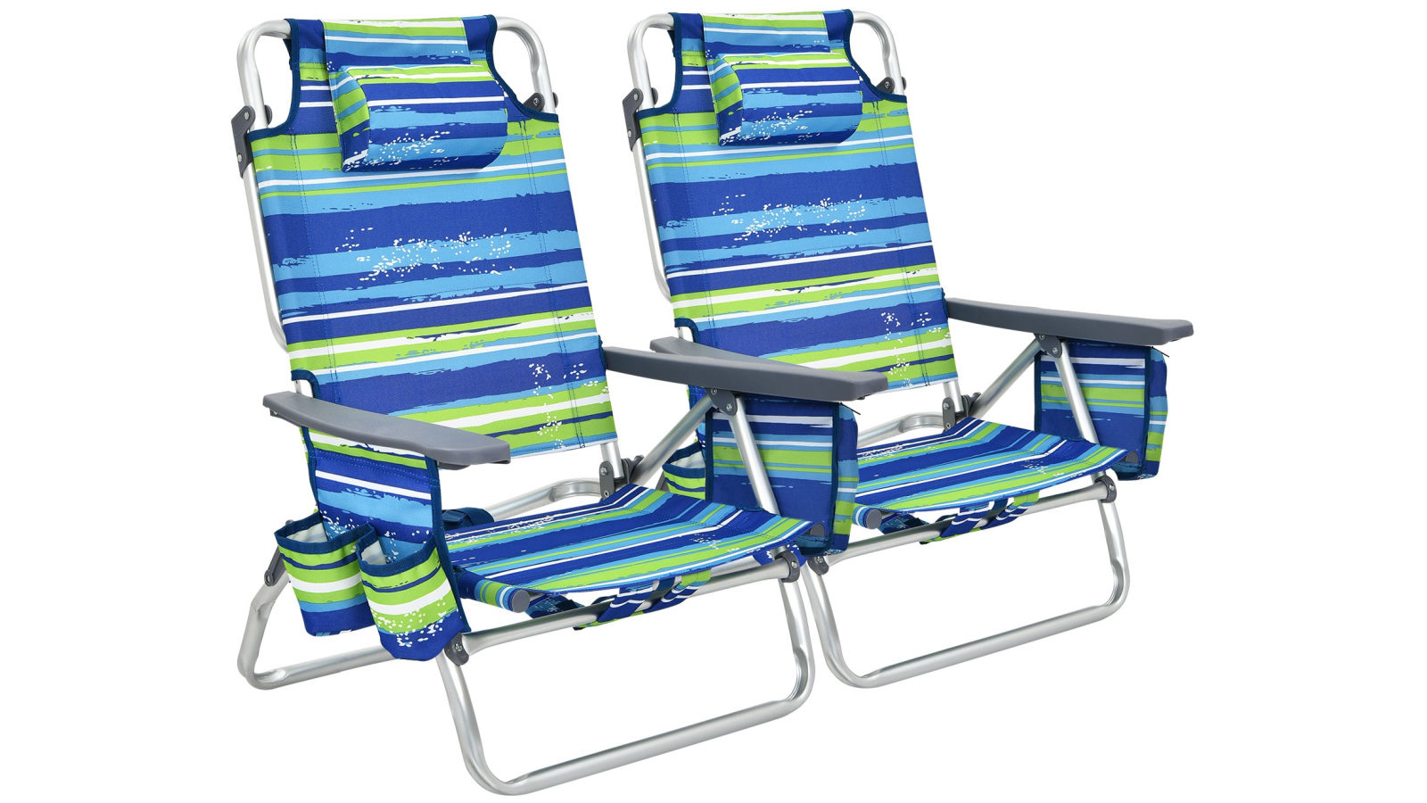 Costway 2 x Folding Reclining Beach Outdoor Camping Arm Chairs with  5-Position Backrest and Head Pillow