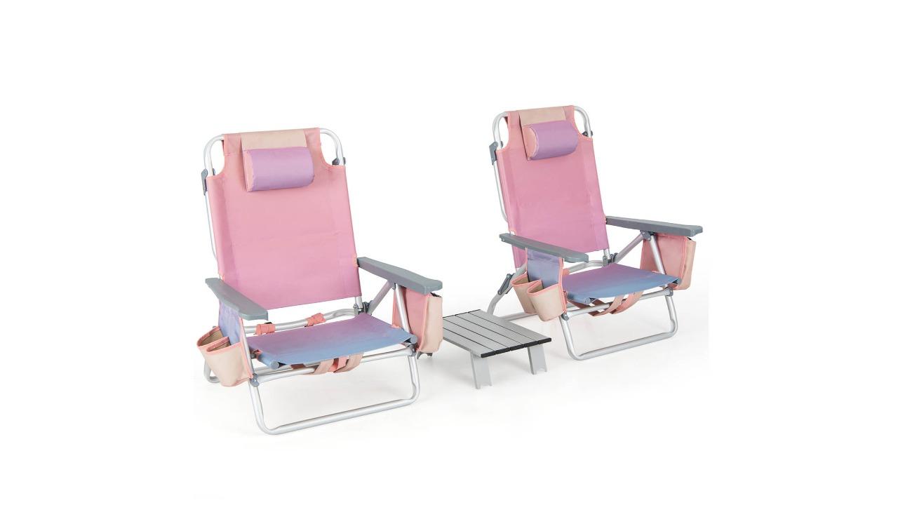 Costway Pack of 2 Foldable Beach Chair with Cup Holder Storage Pocket 