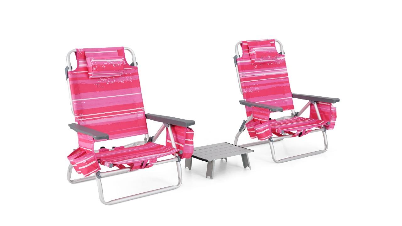 Costway Pack of 2 Aluminum Table Foldable Beach Chair with Cup Holder Storage Pocket 