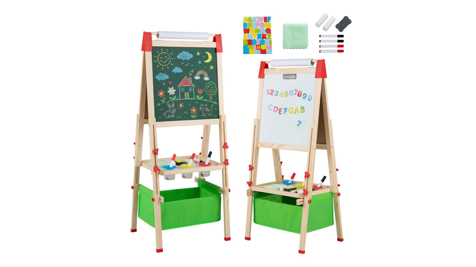 Costway 3-in-1 Art Easel Wooden Chalkboard with Paper Roll Painting - Green