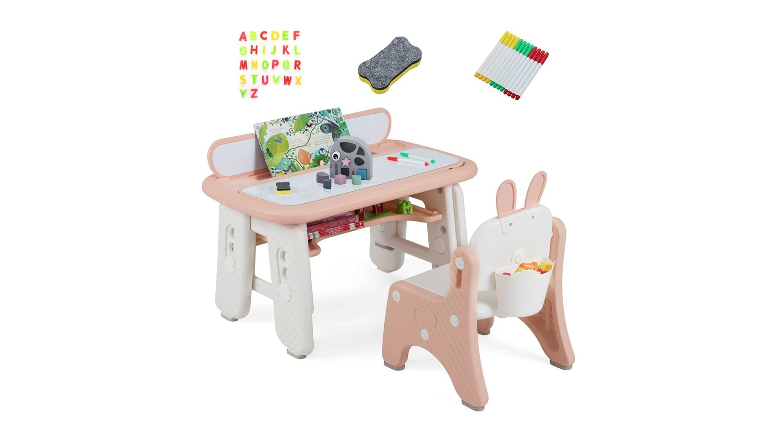 Costway Activity Table and Chair Set with Flip-Top Shelf and Basket - Pink