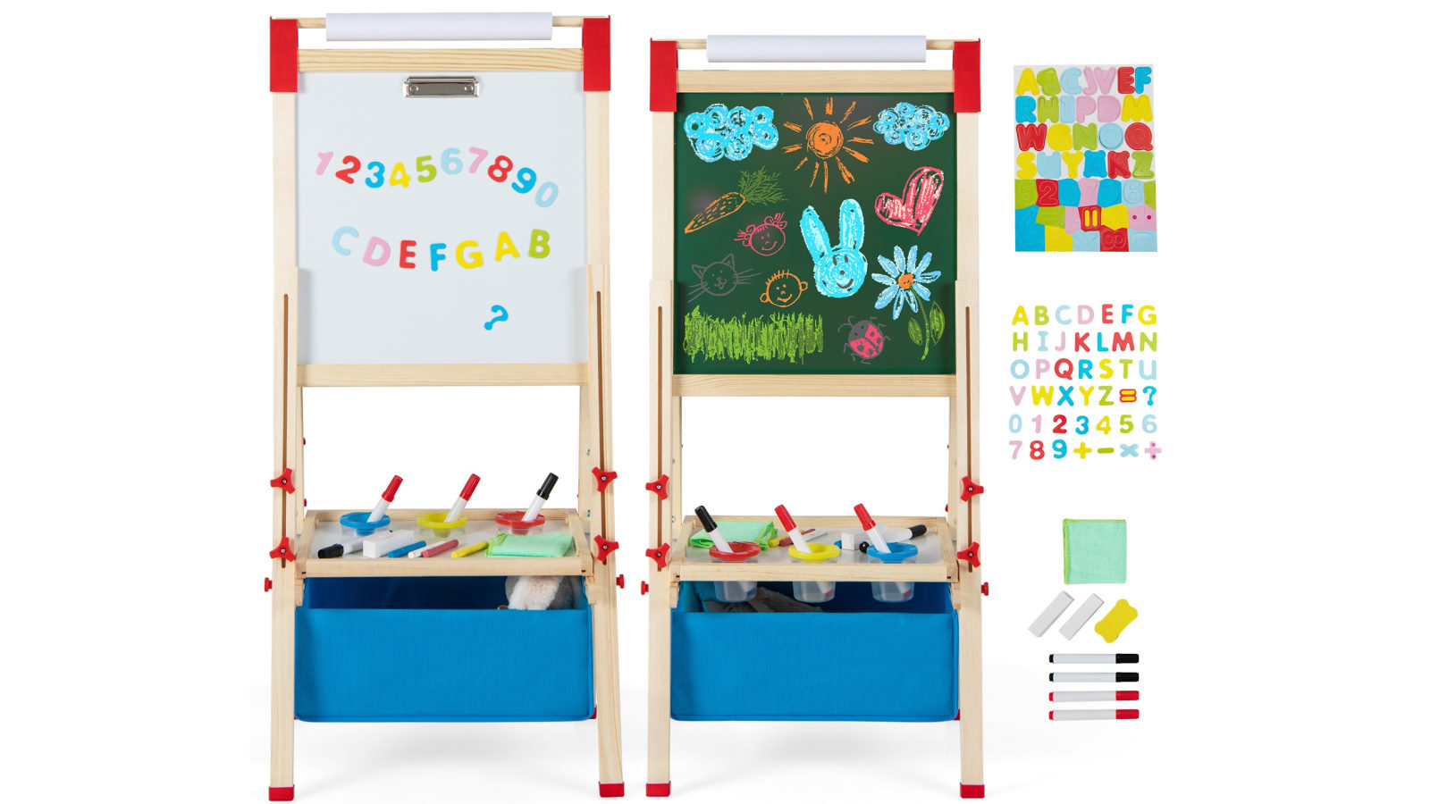 Costway 3-In-1 Art Easel Wooden Adjustable Height Chalkboard Whiteboard with Paper Roll Painting