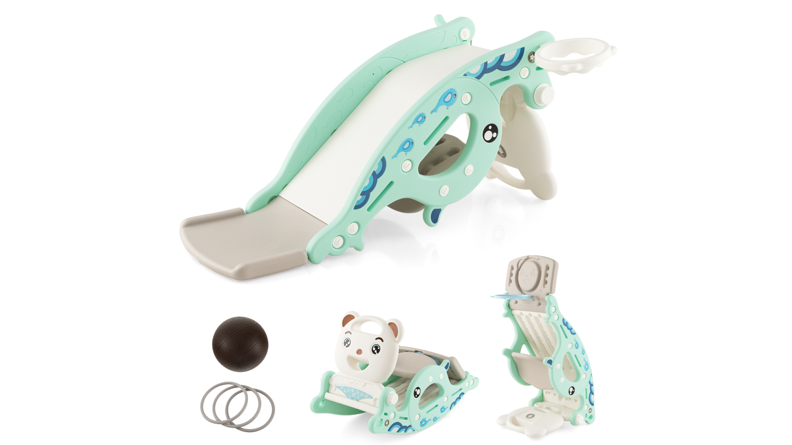 Costway 4-in-1 Rocking Horse Slide Playset with Basketball and Ring Toss - Green