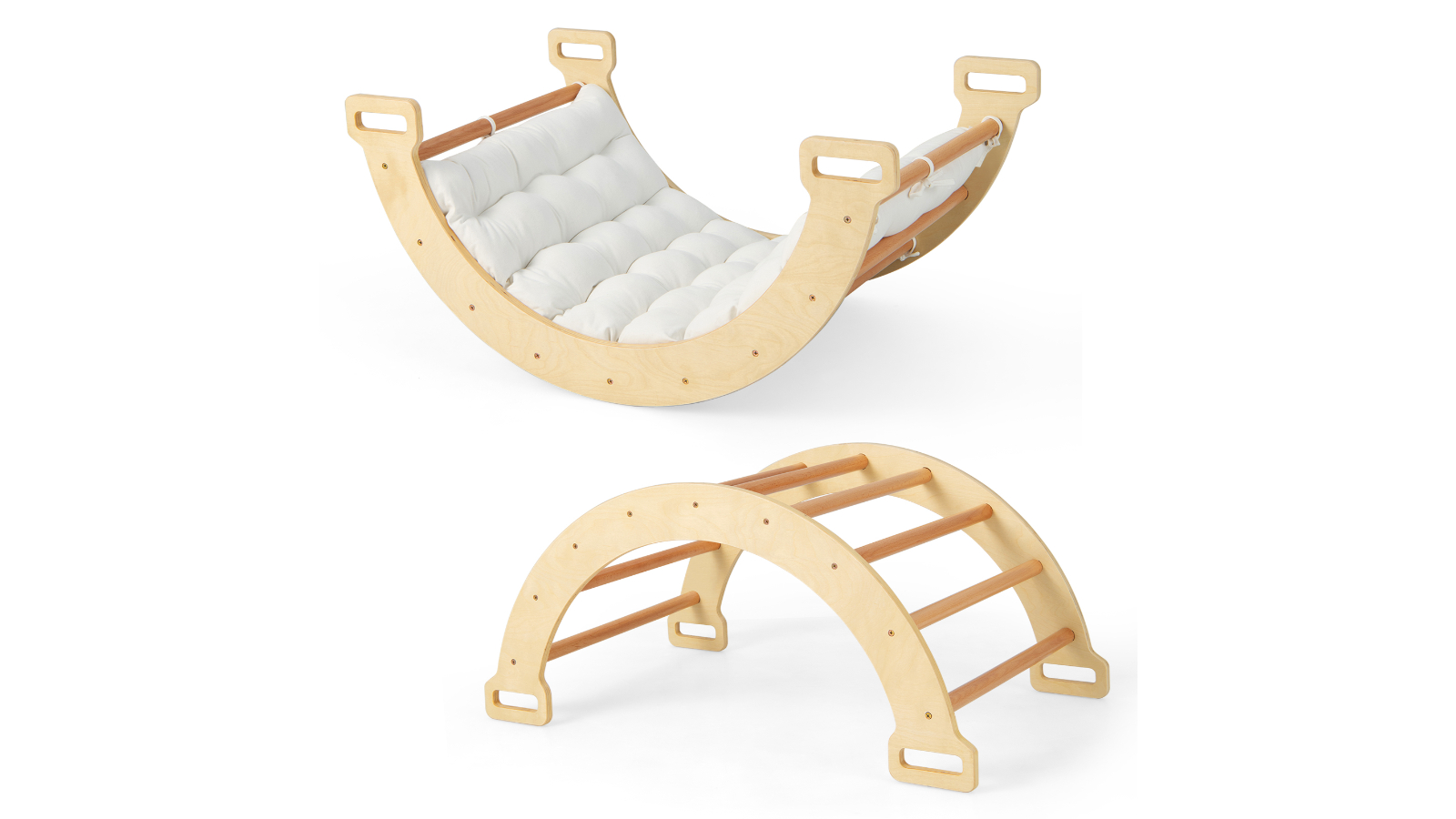 Costway 3-in-1 Kid Wood Frame Rocking Seesaw Climber Playset with Cushion