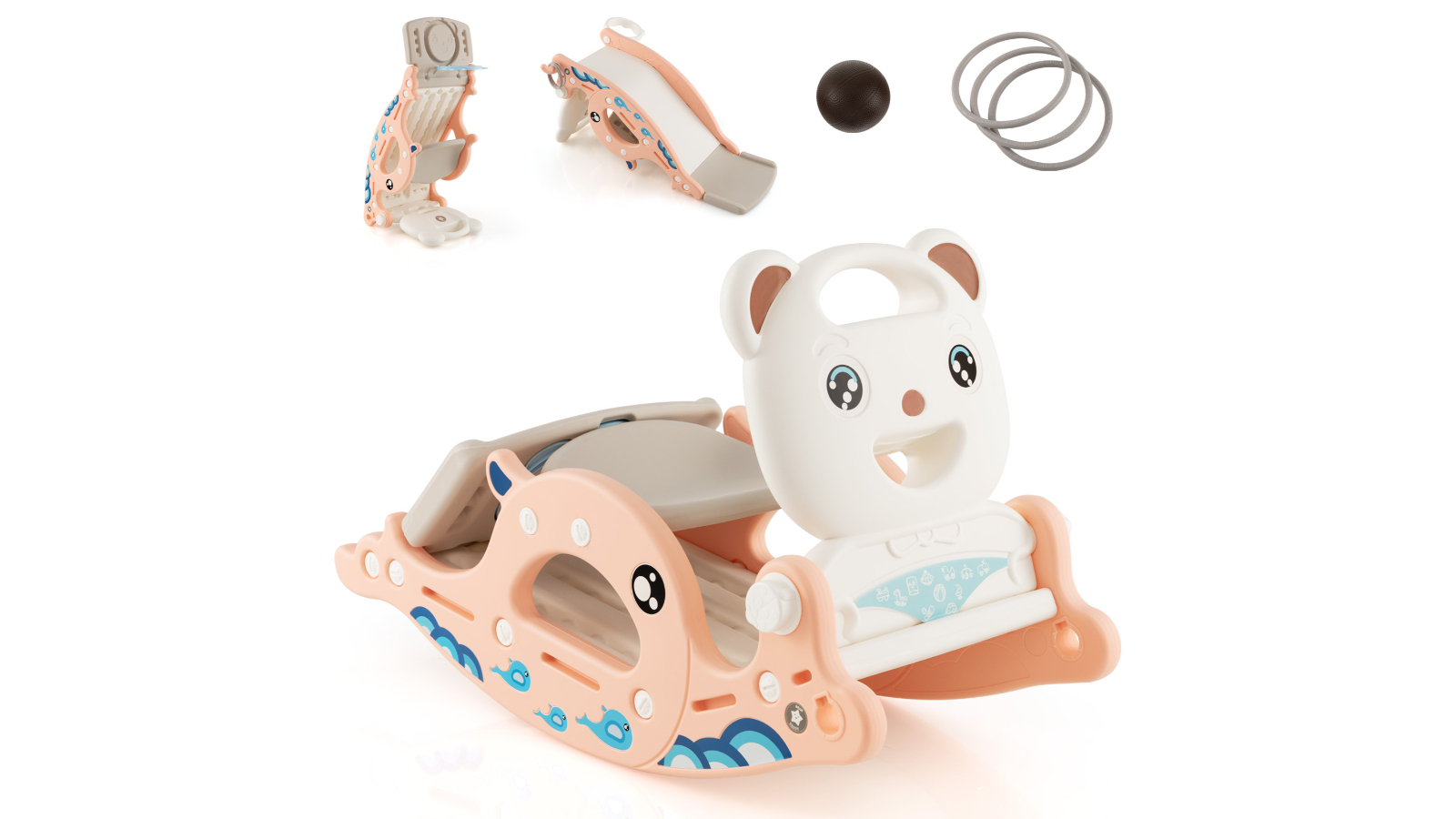 Costway 4-in-1 Rocking Horse Slide Playset with Basketball and Ring Toss - Pink