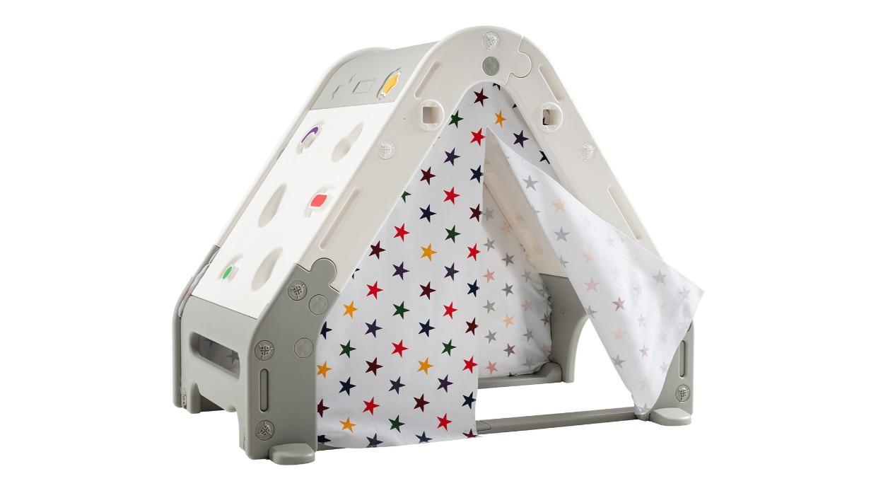 Costway All-in-1 Kid Climber Play Tent Whiteboard with Basketball and Footable Gate - Grey
