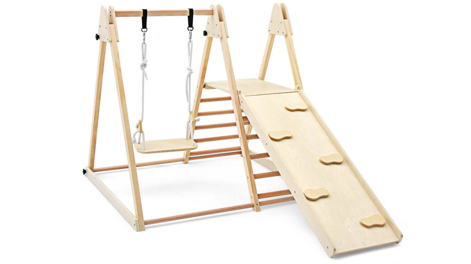 Costway 5-in-1 Foldable Wood Climber Frame with Climbing Ladder Slide Ramp and Swing Gym Activity Center