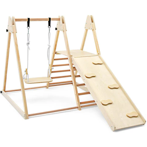 Costway 5-in-1 Foldable Wood Climber Frame with Climbing Ladder Slide Ramp and Swing Gym Activity Center