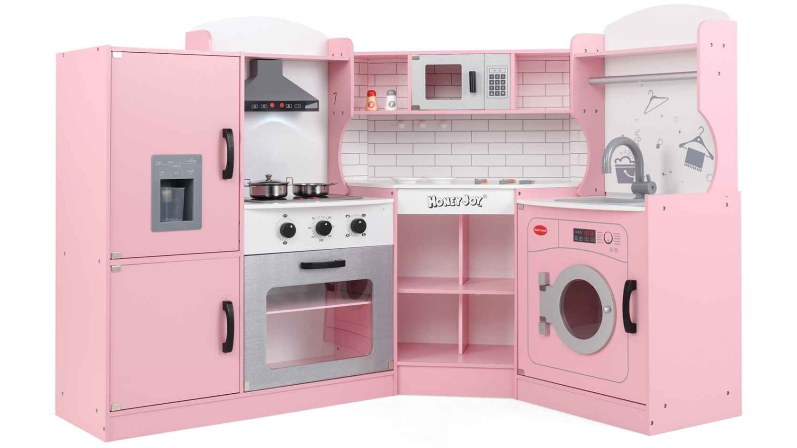 Costway Wooden Corner Pretend Kitchen Playset with Light and Sound - Pink