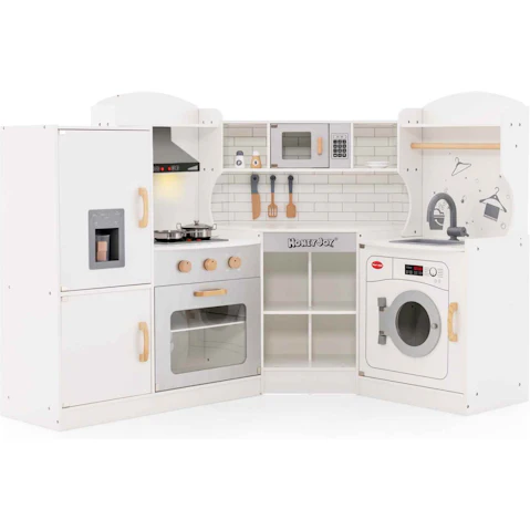 Costway Wooden Corner Pretend Kitchen Playset with Kitchen Accessories - White