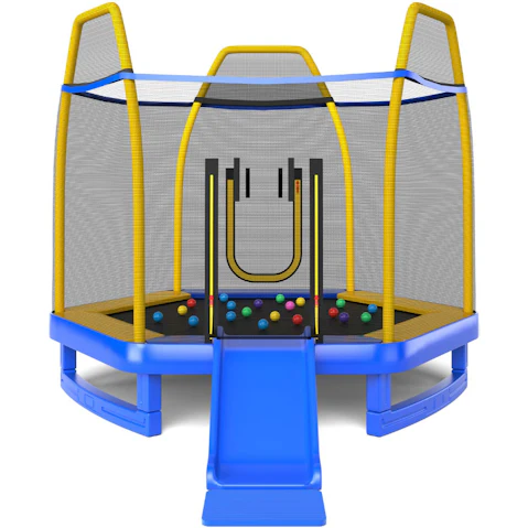 Costway 7ft Round Trampoline with Slide Ladder and 20 Ball - Blue