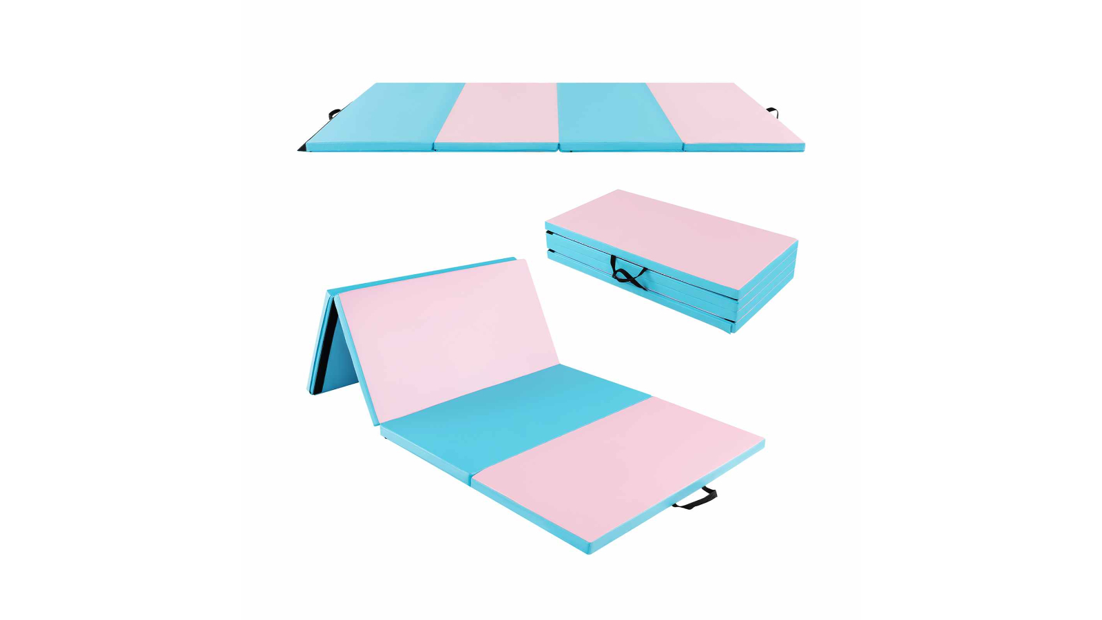 Costway 4-Folding Exercise Mat with 4-Sided Carry Strap Hook and Loop Fastener - Blue/Pink
