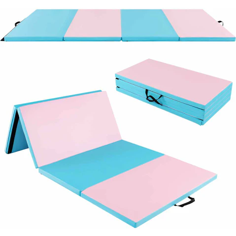 Costway 4-Folding Exercise Mat with 4-Sided Carry Strap Hook and Loop Fastener - Blue/Pink