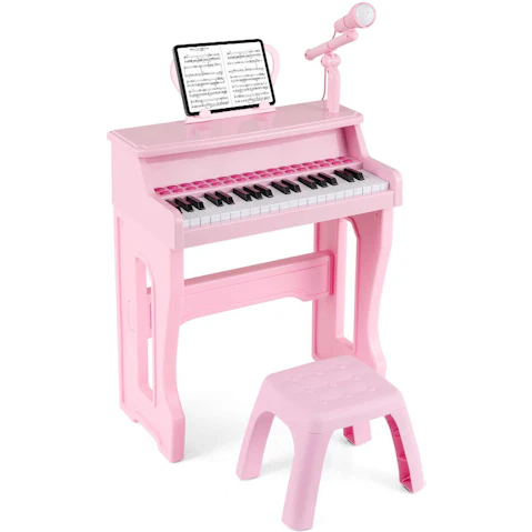 Costway 37 Key Piano Keyboard with Adjustable Microphone Music Stand and Stool - Pink