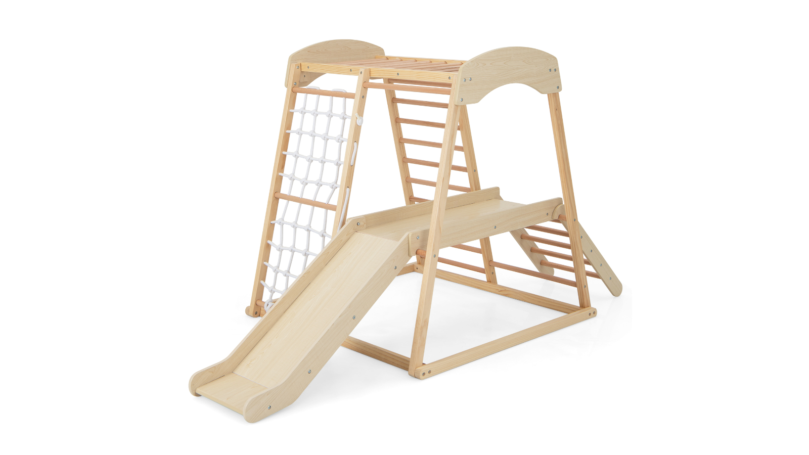 Costway 6-in-1 Wooden Jungle Gym Climb Playset with Slide Climbing Net Ladder