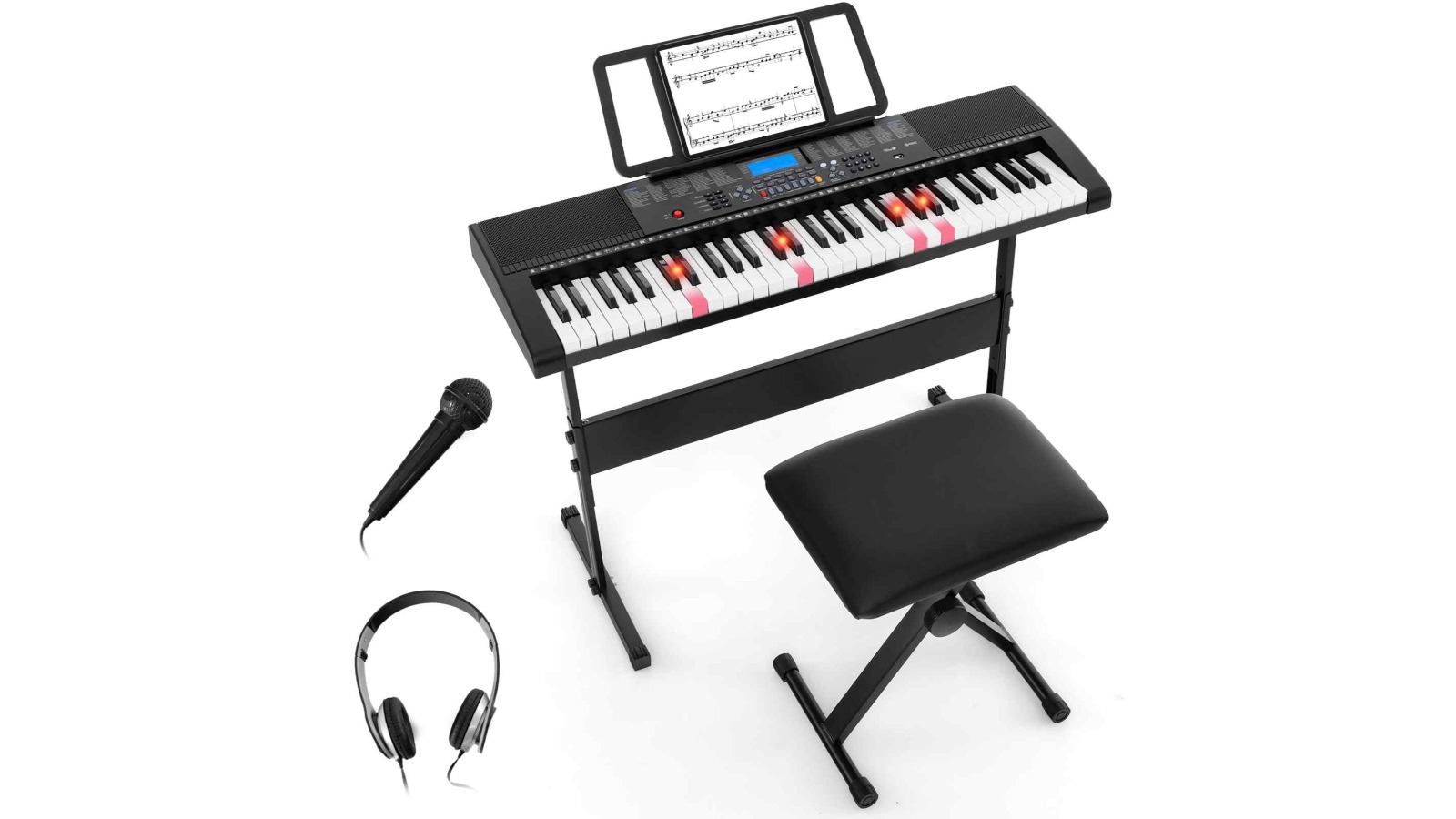 Costway 61 Electronic Lighted Keys Piano Keyboard with Music Holder and Stool