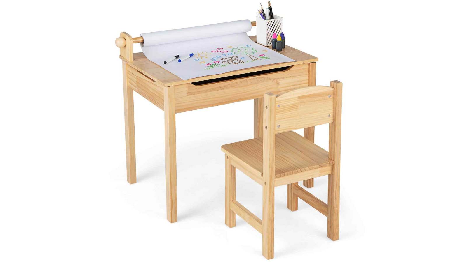 Costway Natural Table and Chair Set with Paper Roll Holder and Marker