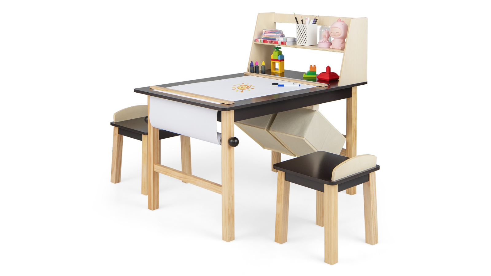 Costway Coffee Art Easels Drawing Table and Chair Set with Paper Roll Storage Bin