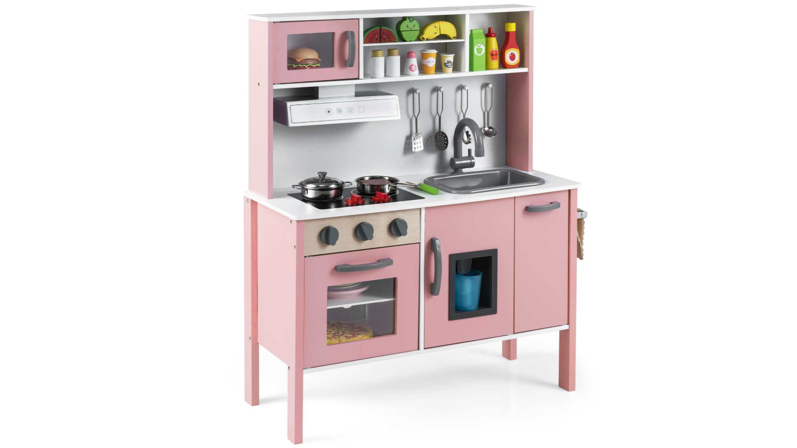 Costway Wooden Pretend Kitchen Playset with Microwave - Pink