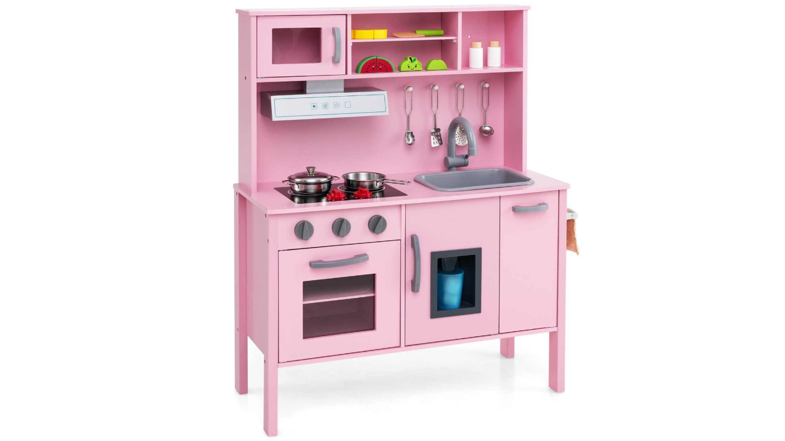Costway Wooden Pretend Kitchen Playset with Range Hood - Pink