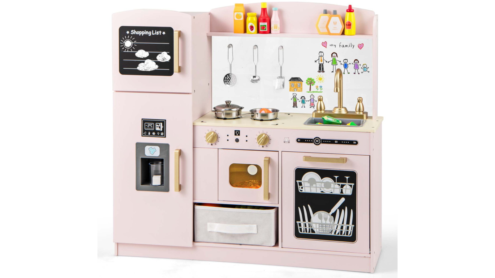 Costway Pretend Kitchen Playset with Ice Maker/Stove/Doodle Board - Pink