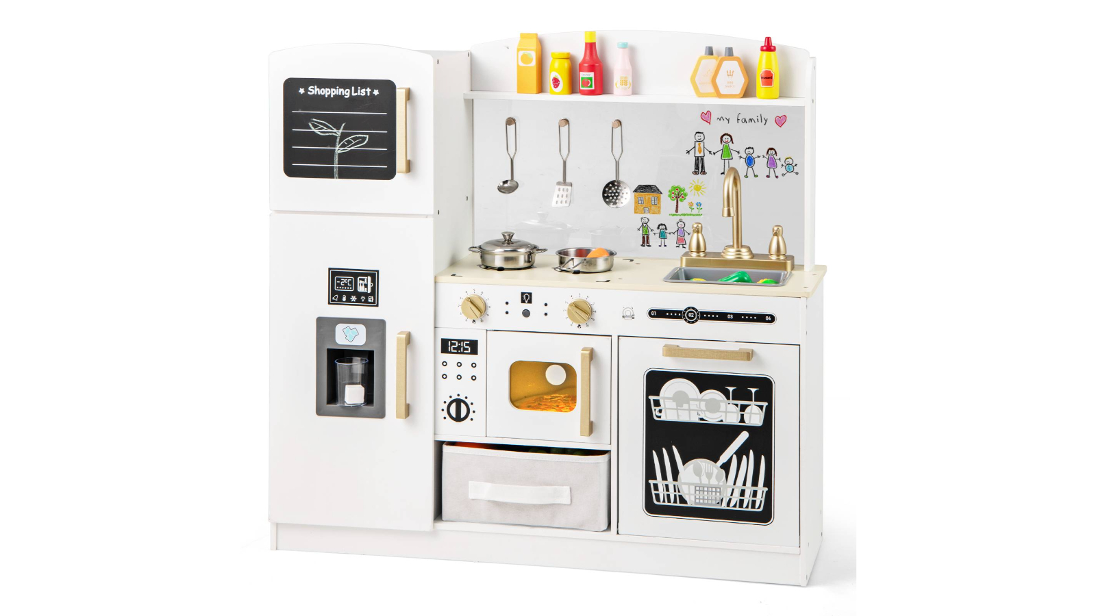 Costway White Kitchen Playset with Refrigerator and Doodle Board