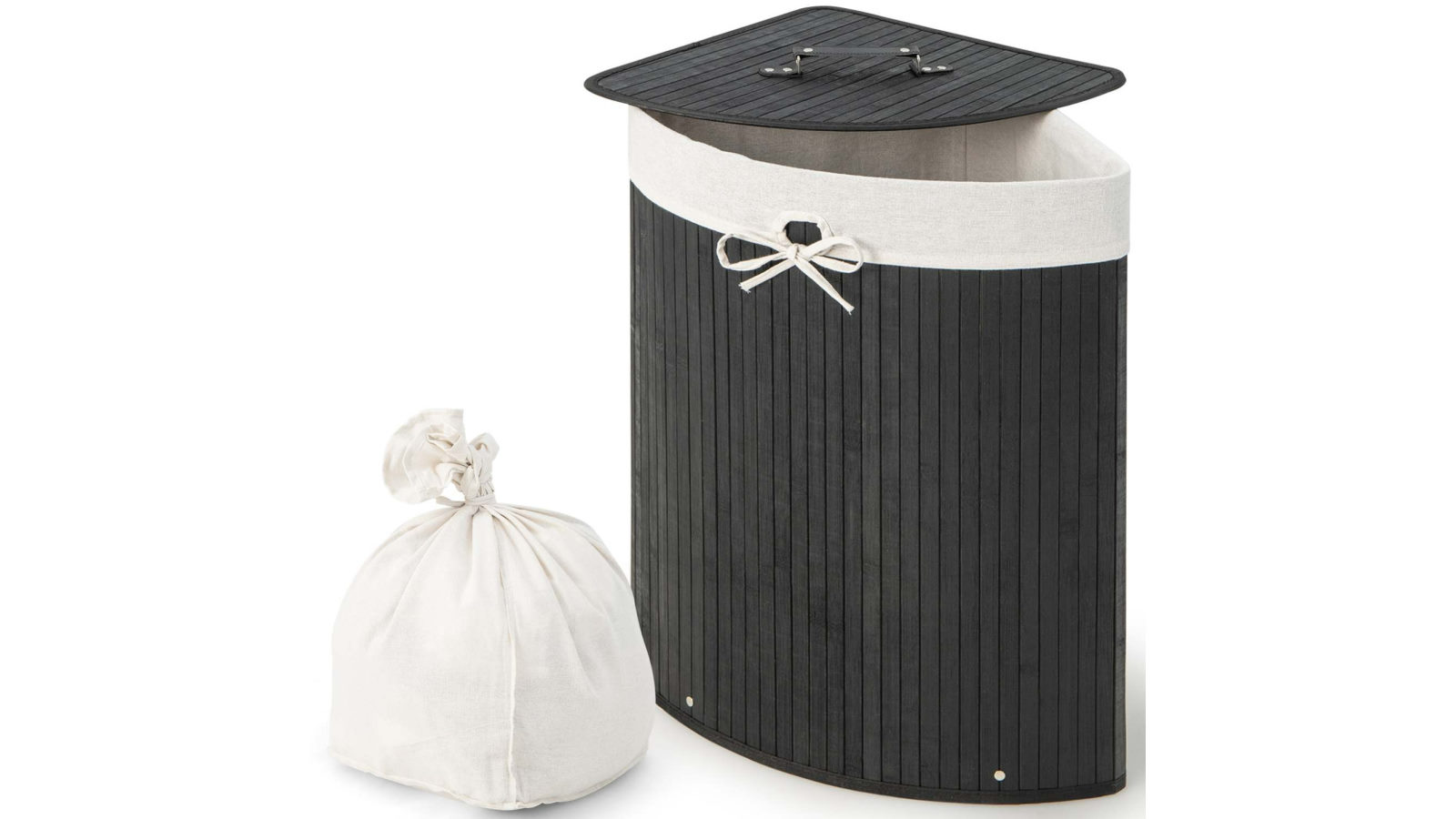 Costway Laundry Hamper with Lid 72L Bamboo Laundry Basket Removable Machine Washable Liner Bag - Black
