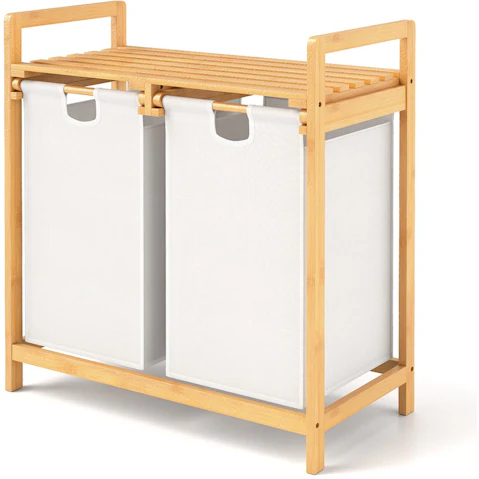 Costway 2-Section Bamboo Laundry Hamper with Sliding Bag and Shelf