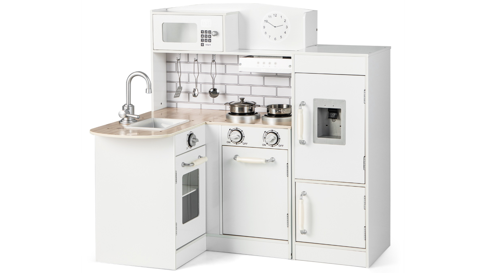 Costway Wood Pretend Corner Kitchen Playset with Sound Effect