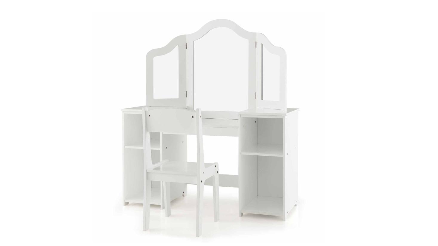 Costway Princess 2-in-1 Table Chair with Tri-Fold Mirror and Storage Shelve