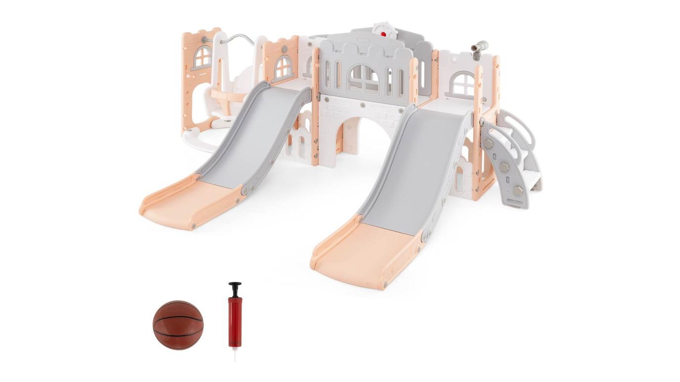 Costway 174cm 10-in-1 Slide Swing Playset with Basketball Hoop, Double Slides, and Climber - Pink