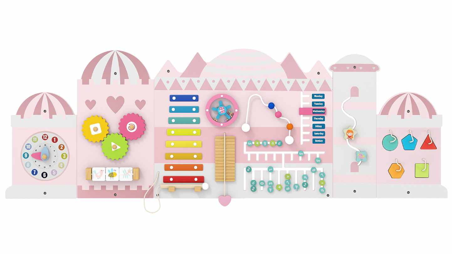 Costway 11-in-1 Castle Montessori Busy Board Wall Panels Toy - Pink