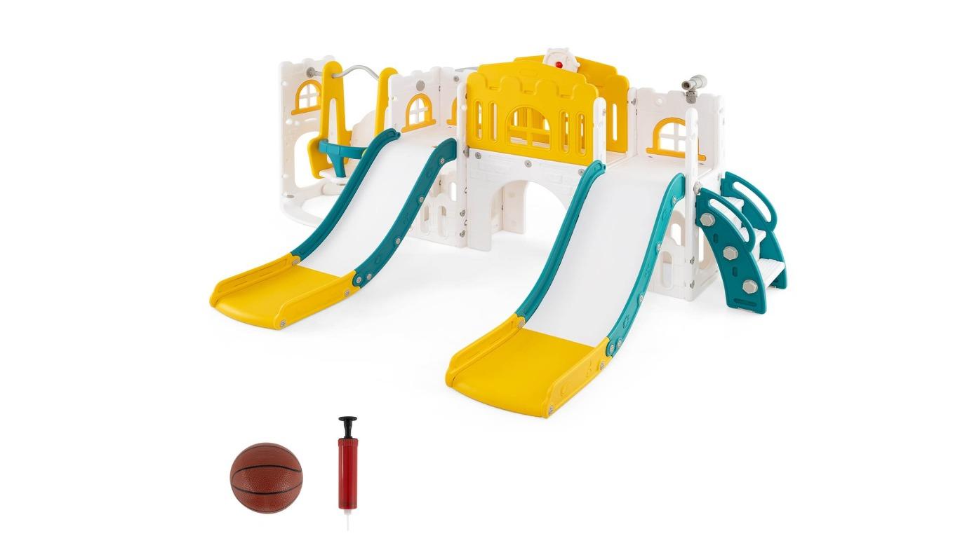 Costway 174cm 10-in-1 Slide Swing Playset with Basketball Hoop, Double Slides, and Climber