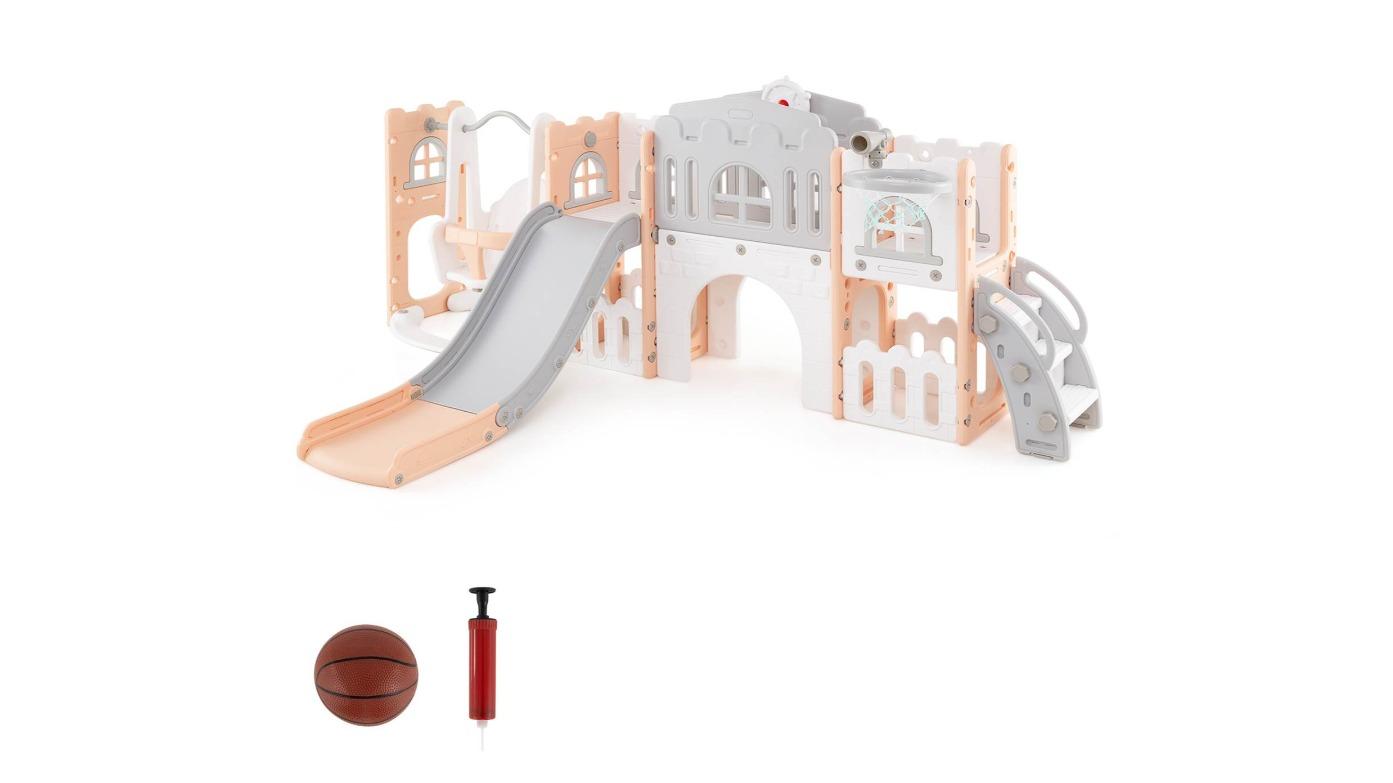 Costway 10-in-1 Slide Swing Playset with Basketball Hoop, Double Slides, and Climber - Pink