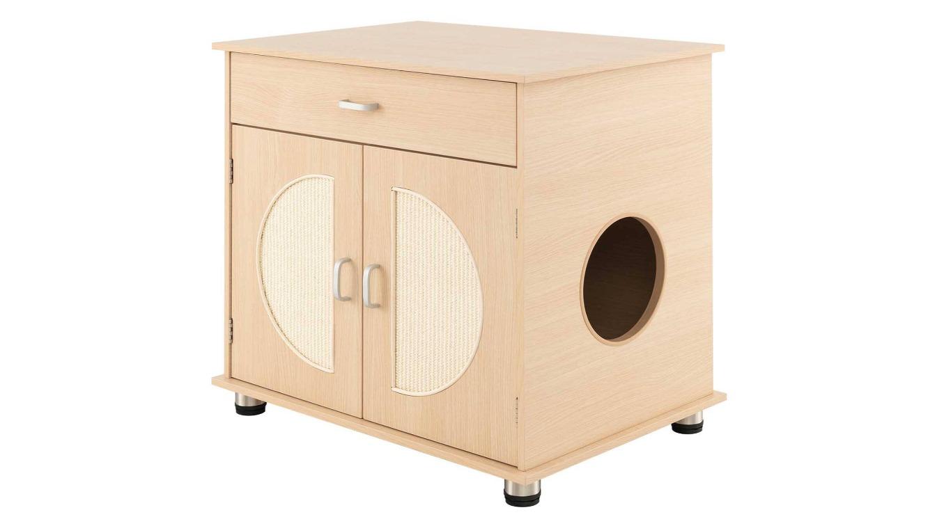 Costway Enclosure Wood Hidden Cat Washroom Box with 2 Scratch Door