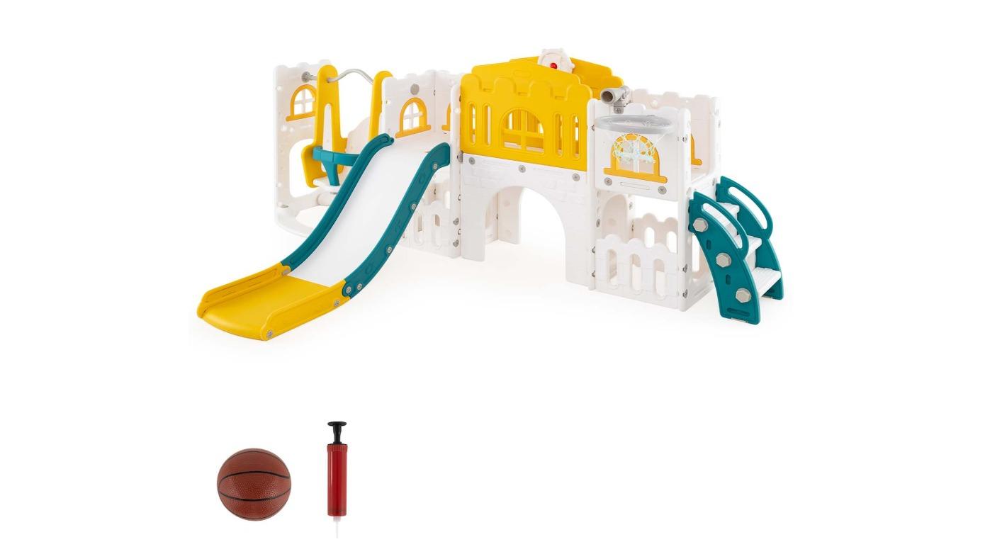 Costway 10-in-1 Slide Swing Playset with Basketball Hoop, Double Slides, and Climber