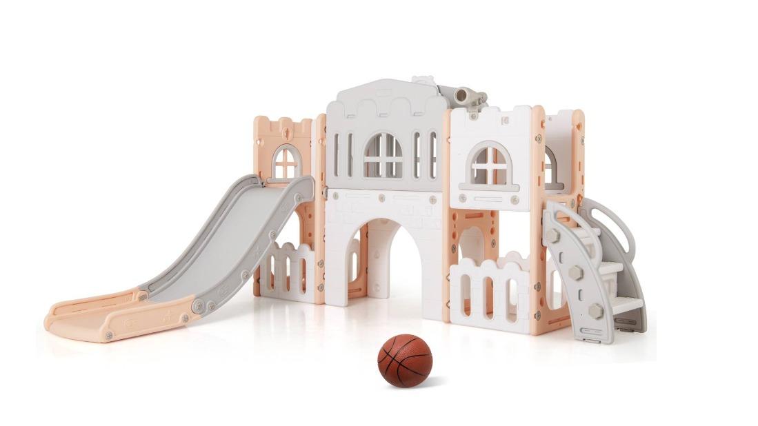 Costway Slide Playset with Basketball Hoop, Climber - Pink