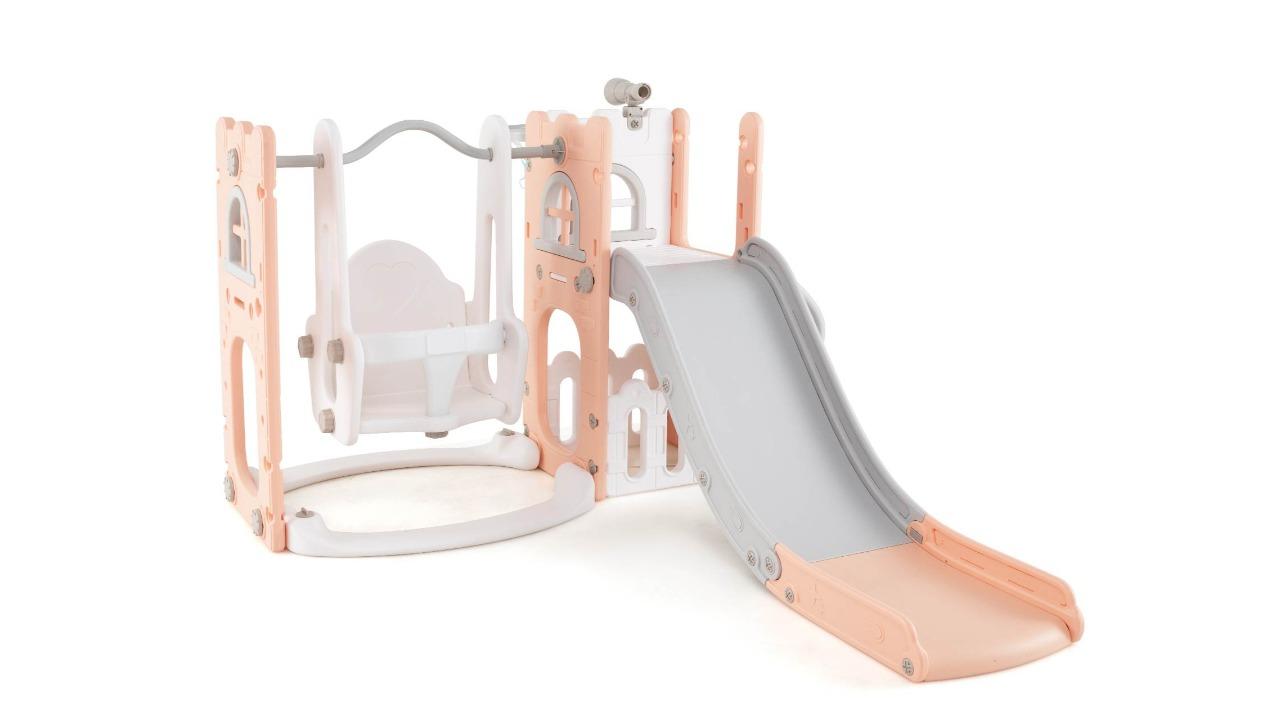 Costway 7-in-1 L-Shaped Swing and Slide Set with Water Sand, Filled Base, Telescope - Pink