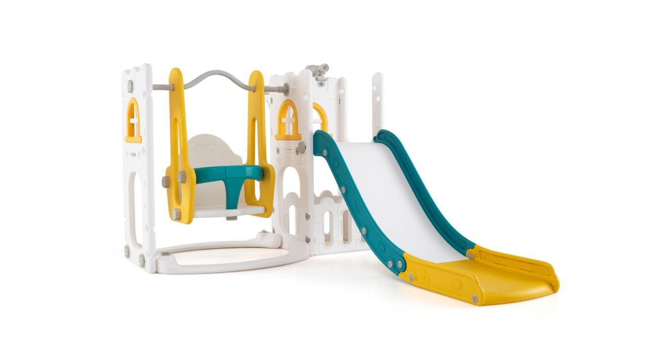 Costway 7-in-1 L-Shaped Swing and Slide Set with Water Sand, Filled Base, Telescope - Yellow