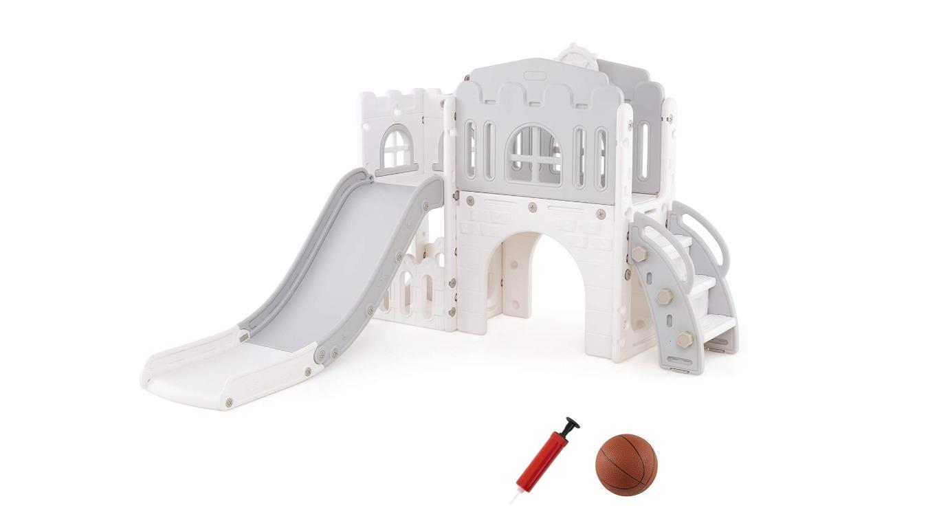 Costway 9-in-1 Slide and Climber Playset with Basketball Hoop - Grey