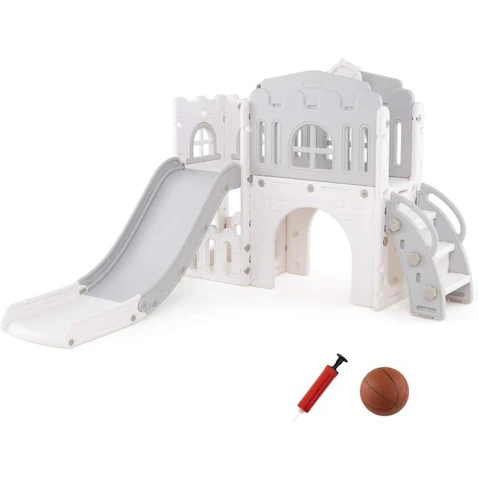 Costway 9-in-1 Slide and Climber Playset with Basketball Hoop - Grey