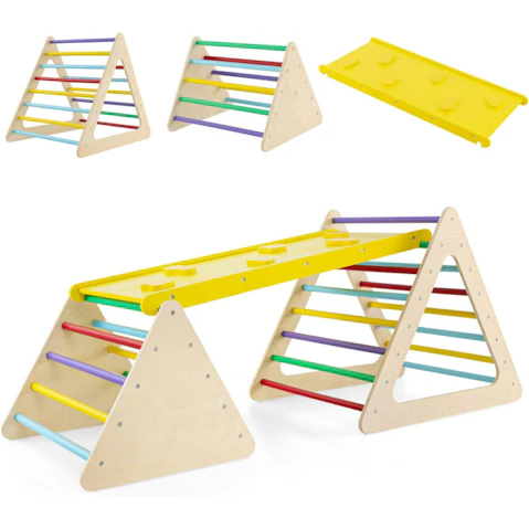 Costway Climb Playset 3 in 1 Climbing Frame Arch Ladder Set with Ramp Climb Board 2 Triangle Climbers Daycare Gifts