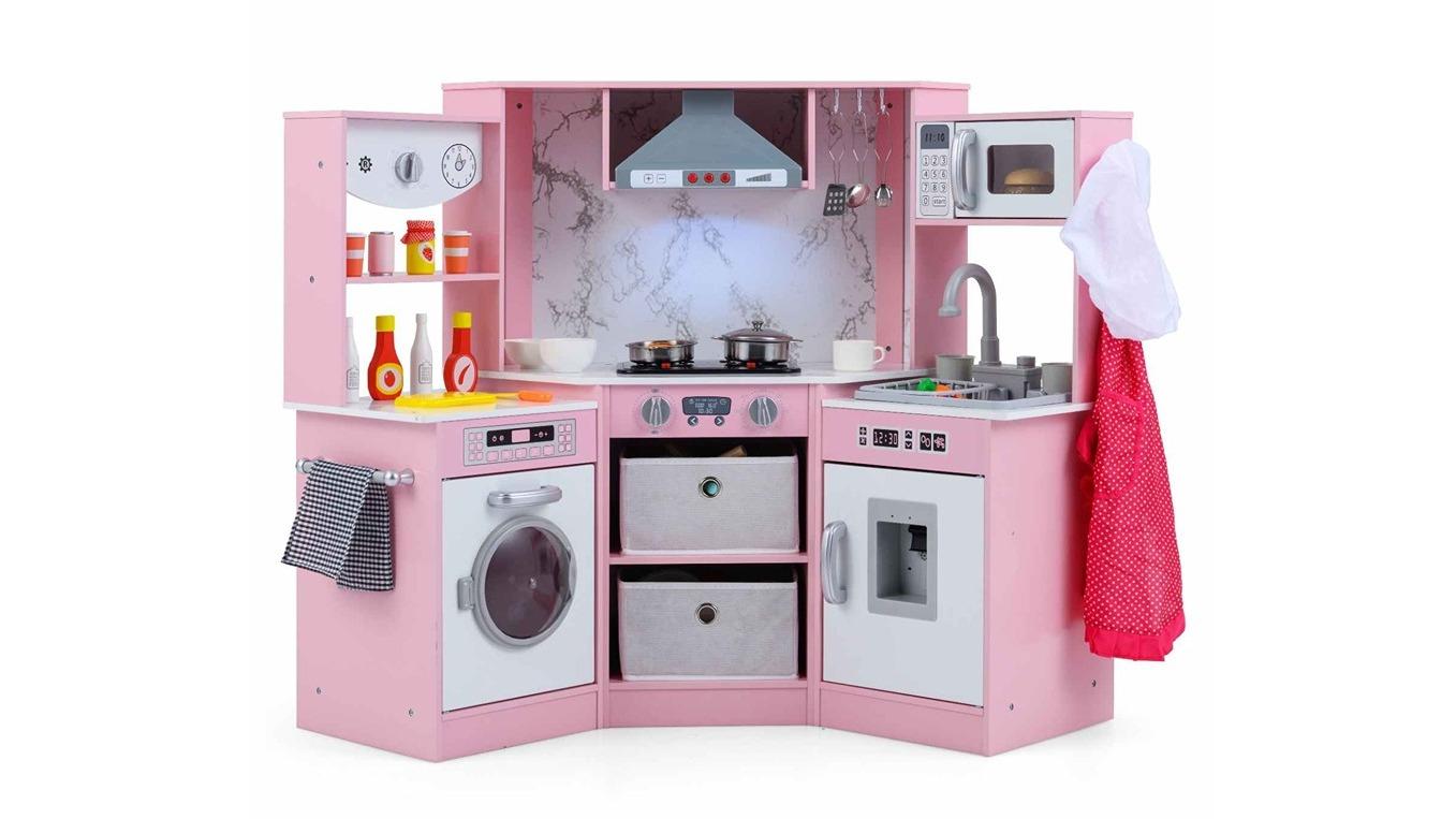 Costway Wooden Kitchen Corner Cooking Playset with Sink - Pink