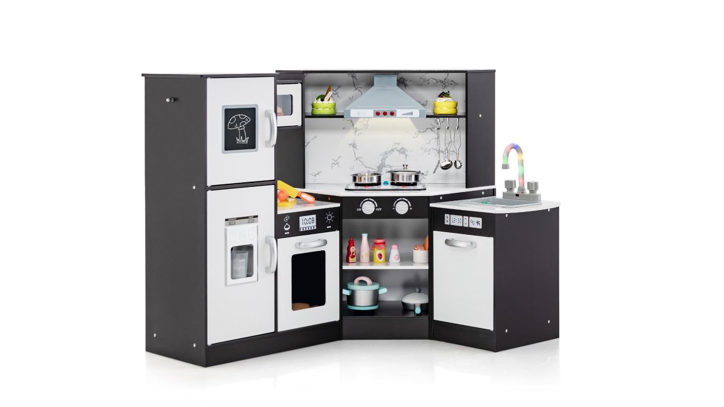 Costway Wooden Corner Kitchen Playset with Cookware Accessories - Black