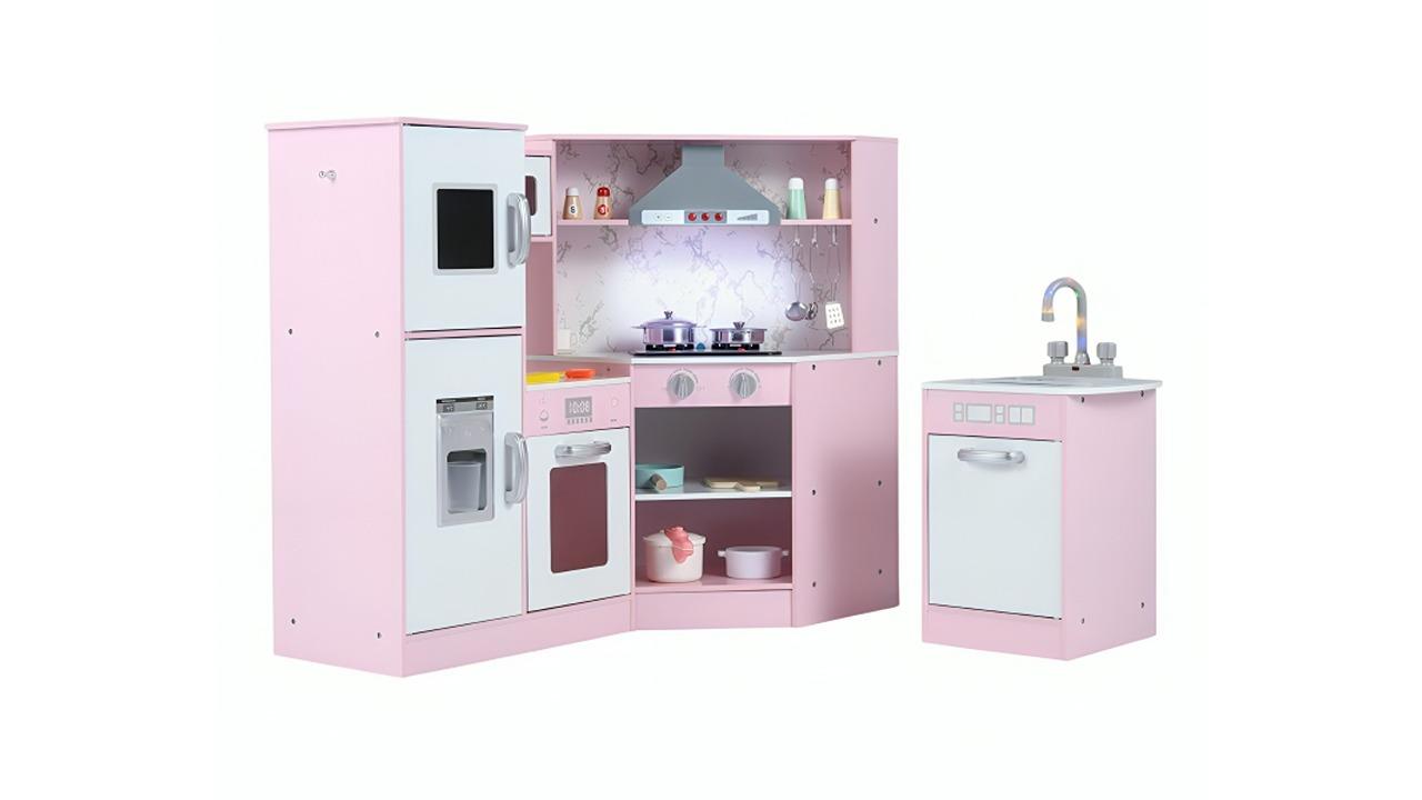 Costway Wooden Kitchen Playset with Stove Light and Ice Maker - Pink