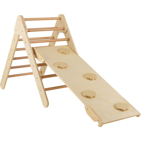 Costway Climb Playset 3in1 Wood Frame Triangle Slide Set with Ramp Outdoor Activity Center - Natural