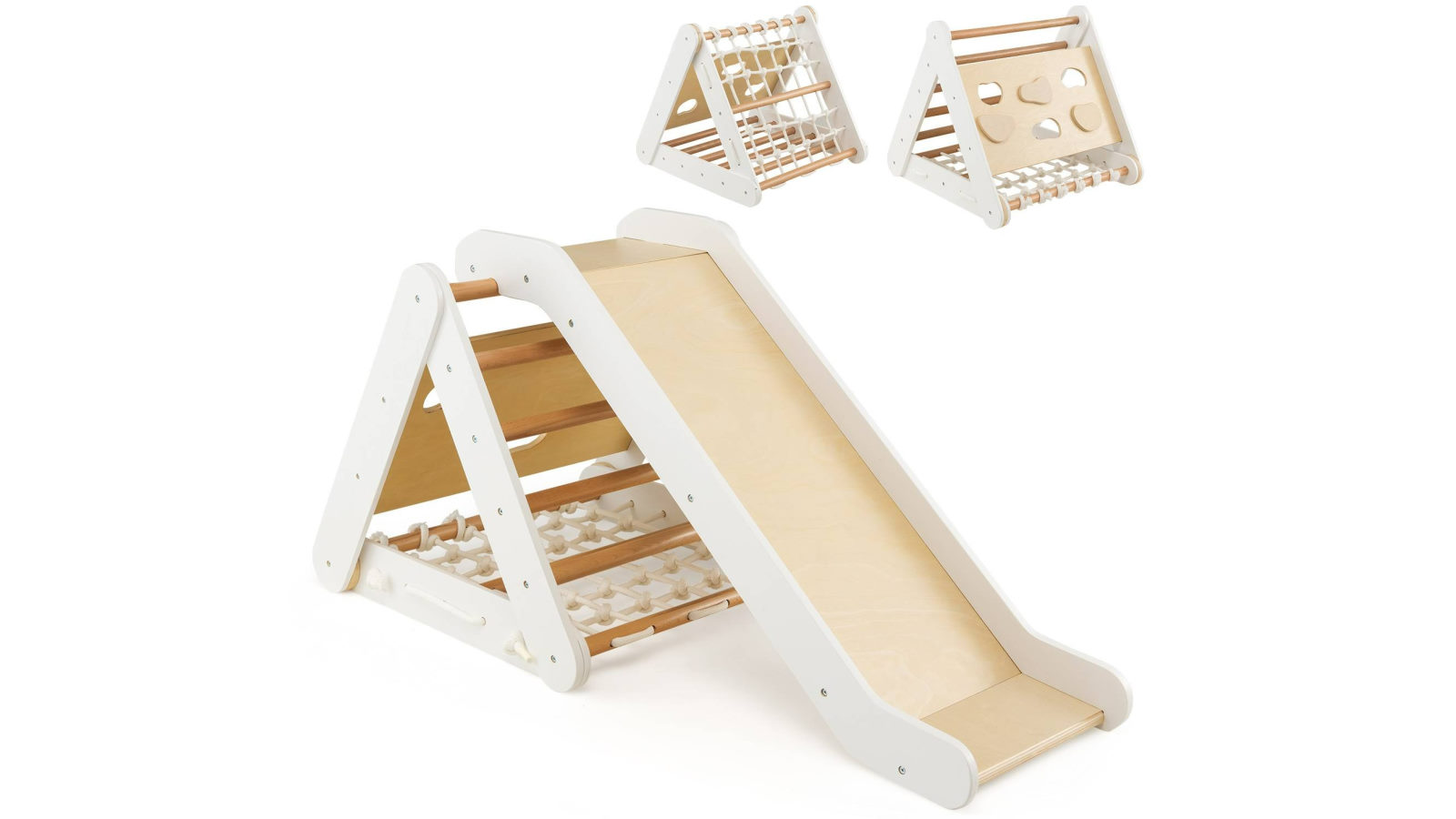 Costway Climb Playset 4 in 1 Jungle Gym Play Center Wooden Playground Set Indoor with Slide Climbing Net Ladder - Natural