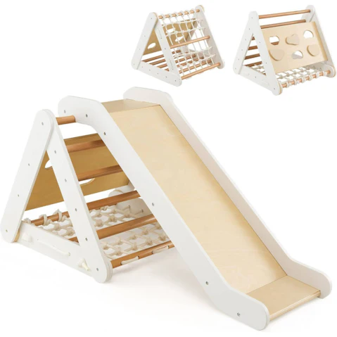 Costway Climb Playset 4 in 1 Jungle Gym Play Center Wooden Playground Set Indoor with Slide Climbing Net Ladder - Natural