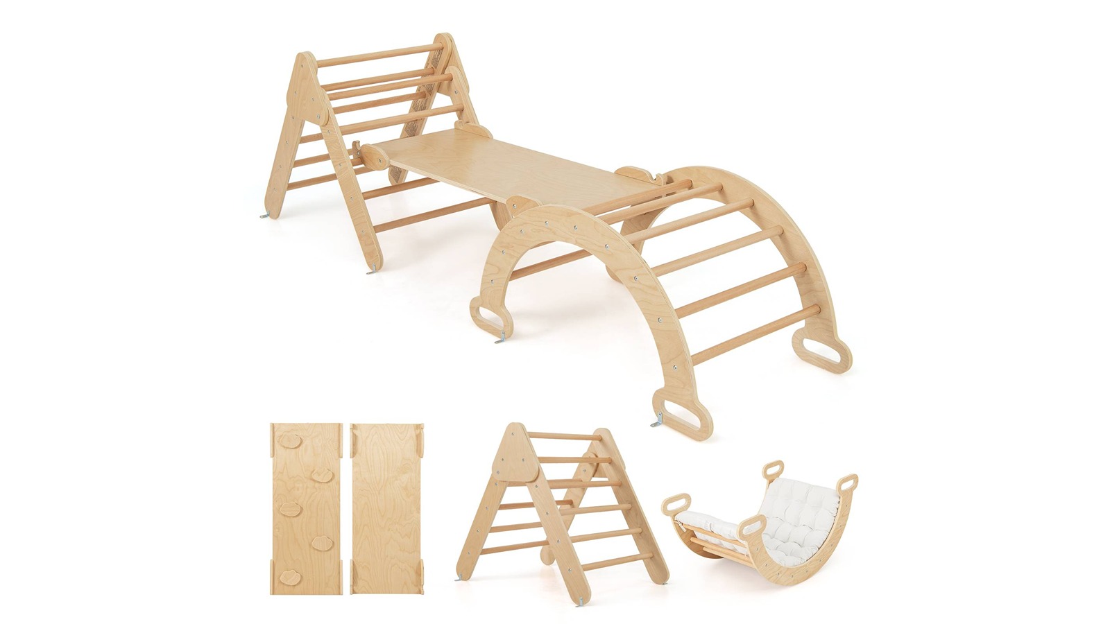 Costway 8-in-1 Wood Climbing Triangle/Arch Frame Playset - Natural