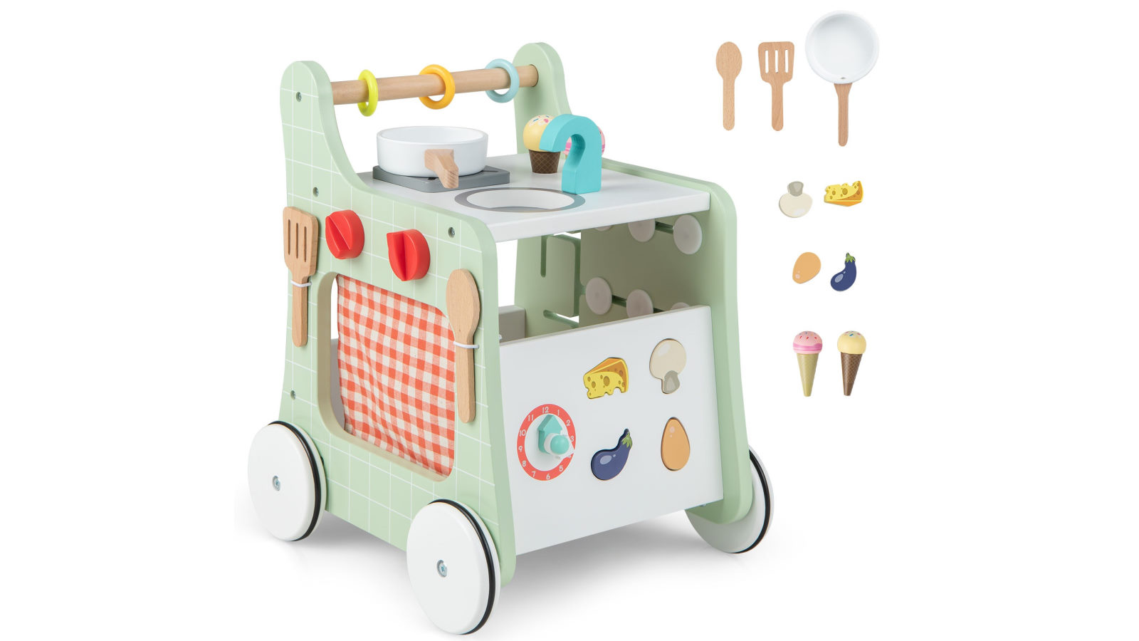Costway 6-in-1 Stroller Wooden Walker Push Pull Learning Activity Center with Play Kitchen and Teaching Clock